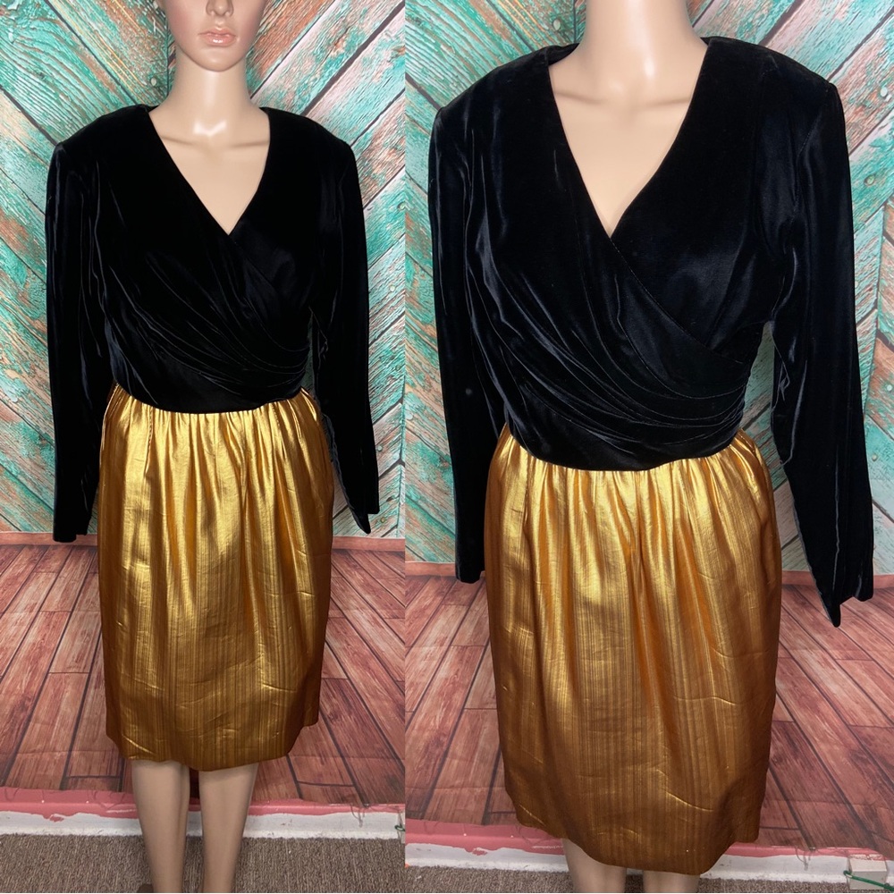 1990’s Steven Stolman Vintage Lame & Black Velvet Faux Wrap Dress